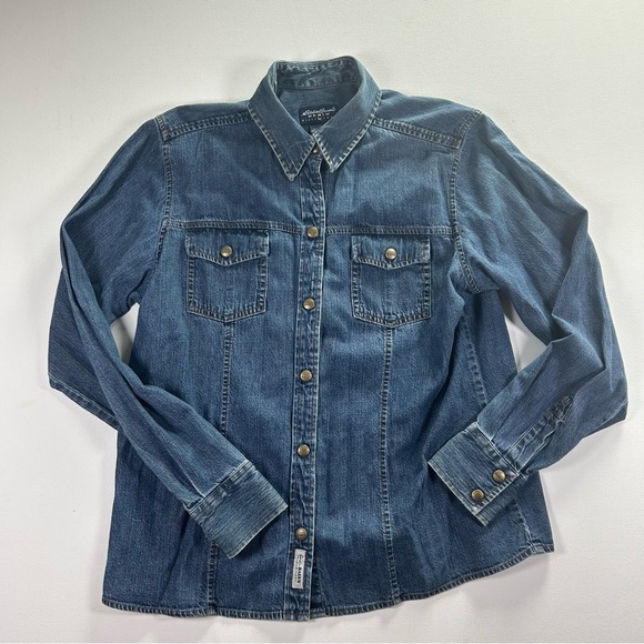 Vintage Eddie Bauer Denim Shirt Men Tall Large Blue Snap Button Down Long Sleeve - Picture 1 of 8